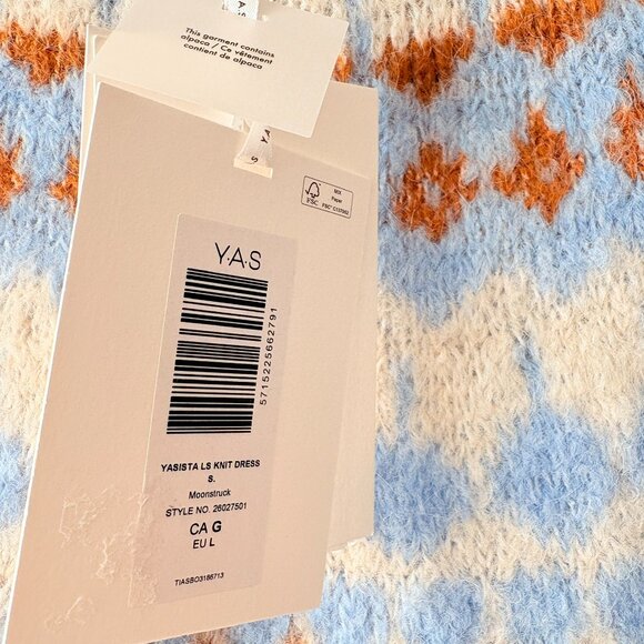 Y.A.S Wool Alpaca Yasista Long Sleeve Midi Knit Dress NWT White Blue Size Large - Picture 8 of 9